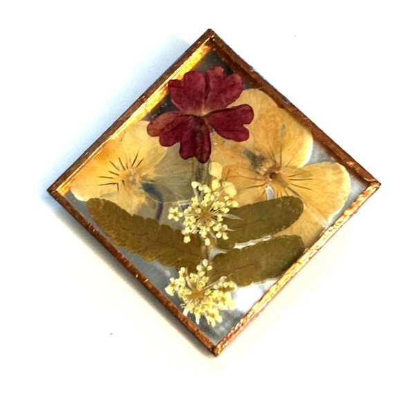 Pressed Flower Brooch Square Copper Frame Signed Tobin - Picture 1 of 9